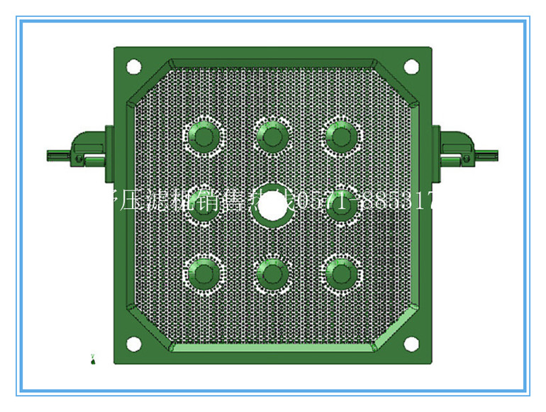 滤板的结构为：点状形滤板，滤板采用多凸台加型结构设计，经数控设备，表面平整，使压滤机在过滤过程中不致产生物料泄漏；滤板采用变截面设计,过滤部分结构采用梅花状锥形圆点结构,降低过滤阻力,过滤速度快,滤液出液顺畅；滤板材质：为配方的改性增聚, 经模压成型后经数控设备，表面平整，使压滤机在过滤过程中不致产生物料泄漏；滤板采用变截面设计,过滤部分结构采用梅花状锥形圆点结构,降低过滤阻力,过滤速度快,滤液出液顺畅；